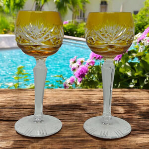 Nachtmann Traube Amber Yellow Cordial 4.75” Cut To Clear Crystal Glass Set 2